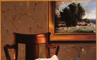 <strong>Chair, robe, grey wallpaper</strong> <span class="dims">38x30”</span> oil on linen