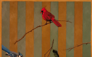 <strong>Leaves, grapefruit, red bird, blue bird</strong> <span class="dims">30x24”</span> oil on linen