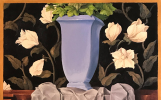 <strong>Blue pot, grey cloth, black wallpaper</strong> <span class="dims">30x24”</span> oil on linen